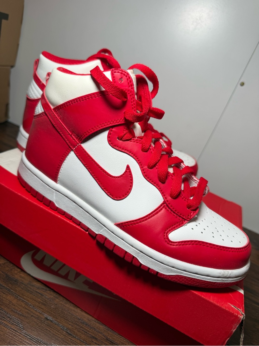 Nike Red and White High-Top Dunk Sneakers